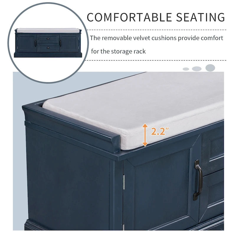 Entryway Storage Bench with 2 Drawers, 2 Cabinet Doors, and Removable Velvet Cushion - 42.5W x 15.9D x 17.5H