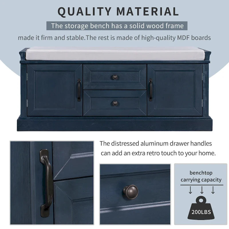 Entryway Storage Bench with 2 Drawers, 2 Cabinet Doors, and Removable Velvet Cushion - 42.5W x 15.9D x 17.5H
