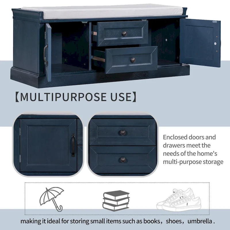 Entryway Storage Bench with 2 Drawers, 2 Cabinet Doors, and Removable Velvet Cushion - 42.5W x 15.9D x 17.5H