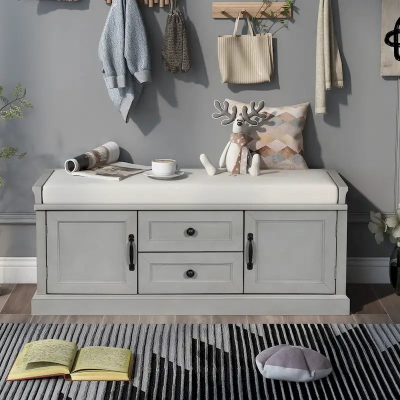 Entryway Storage Bench with 2 Drawers, 2 Cabinet Doors, and Removable Velvet Cushion - 42.5W x 15.9D x 17.5H