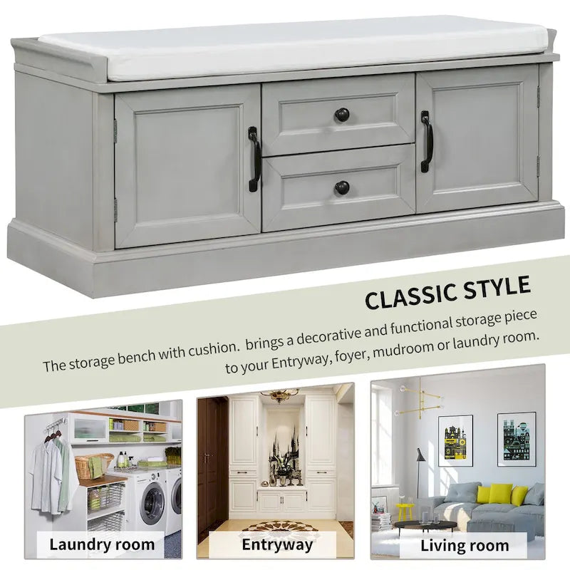 Entryway Storage Bench with 2 Drawers, 2 Cabinet Doors, and Removable Velvet Cushion - 42.5W x 15.9D x 17.5H