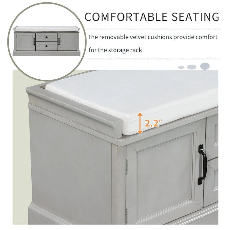 Entryway Storage Bench with 2 Drawers, 2 Cabinet Doors, and Removable Velvet Cushion - 42.5W x 15.9D x 17.5H