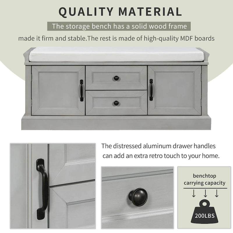 Entryway Storage Bench with 2 Drawers, 2 Cabinet Doors, and Removable Velvet Cushion - 42.5W x 15.9D x 17.5H