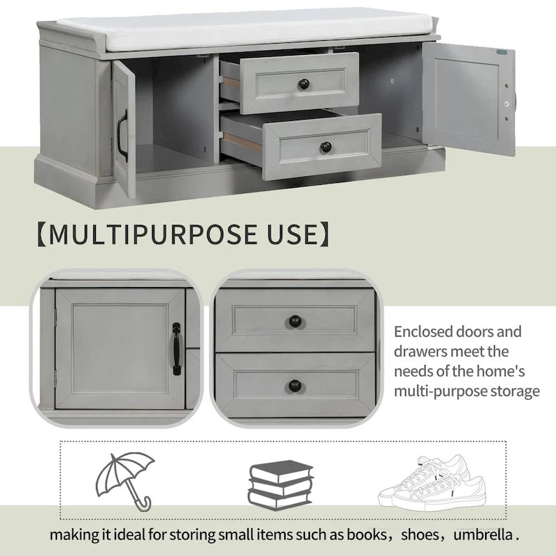Entryway Storage Bench with 2 Drawers, 2 Cabinet Doors, and Removable Velvet Cushion - 42.5W x 15.9D x 17.5H