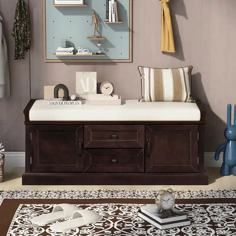 Entryway Storage Bench with 2 Drawers, 2 Cabinet Doors, and Removable Velvet Cushion - 42.5W x 15.9D x 17.5H