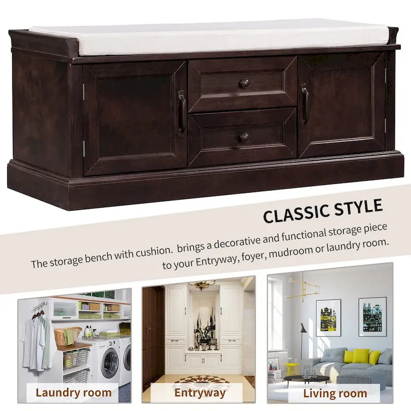 Entryway Storage Bench with 2 Drawers, 2 Cabinet Doors, and Removable Velvet Cushion - 42.5W x 15.9D x 17.5H