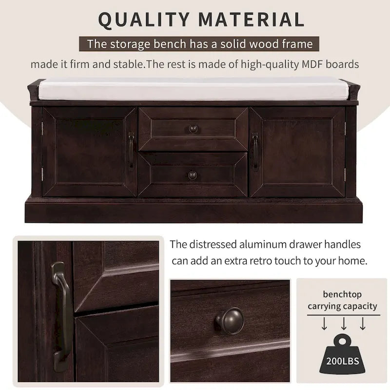Entryway Storage Bench with 2 Drawers, 2 Cabinet Doors, and Removable Velvet Cushion - 42.5W x 15.9D x 17.5H