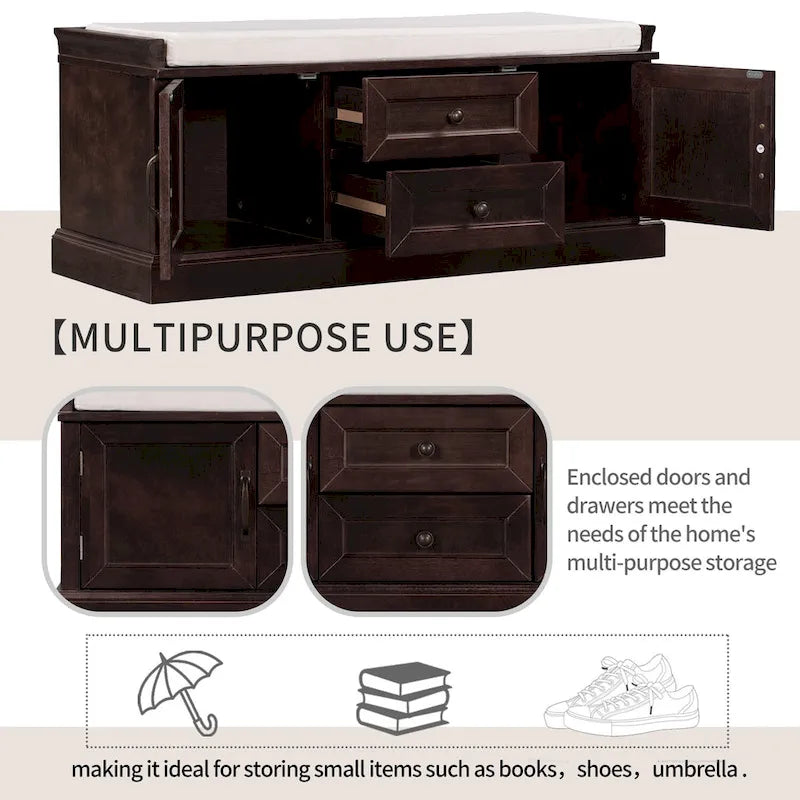 Entryway Storage Bench with 2 Drawers, 2 Cabinet Doors, and Removable Velvet Cushion - 42.5W x 15.9D x 17.5H