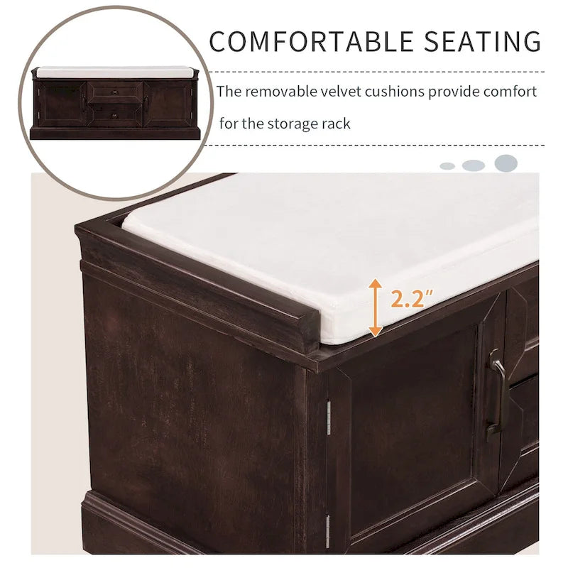 Entryway Storage Bench with 2 Drawers, 2 Cabinet Doors, and Removable Velvet Cushion - 42.5W x 15.9D x 17.5H
