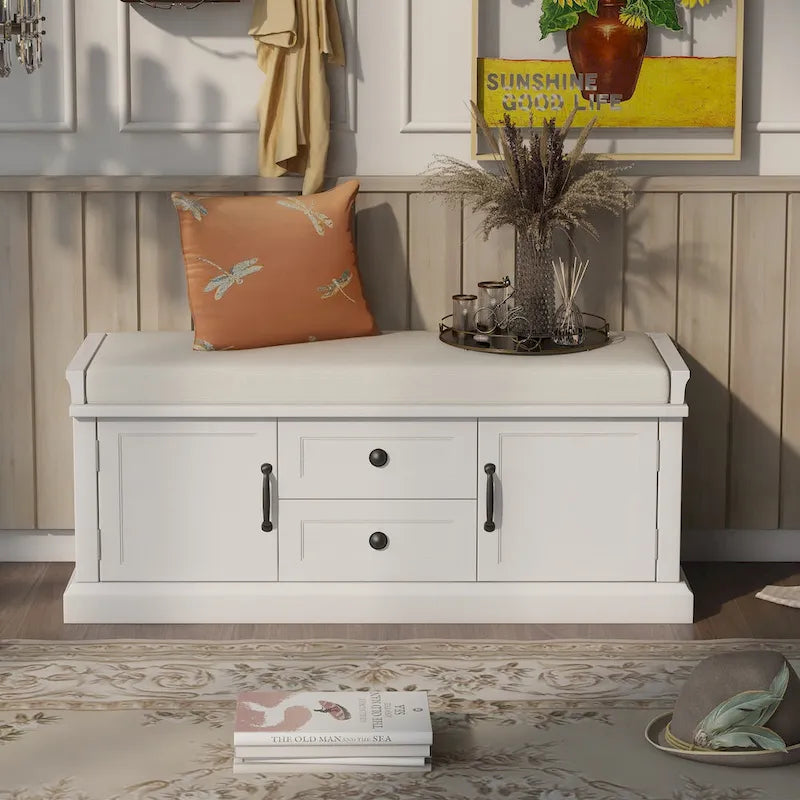 Entryway Storage Bench with 2 Drawers, 2 Cabinet Doors, and Removable Velvet Cushion - 42.5W x 15.9D x 17.5H