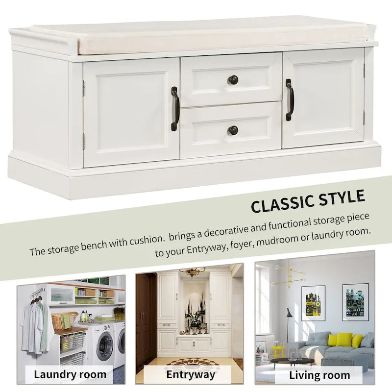 Entryway Storage Bench with 2 Drawers, 2 Cabinet Doors, and Removable Velvet Cushion - 42.5W x 15.9D x 17.5H