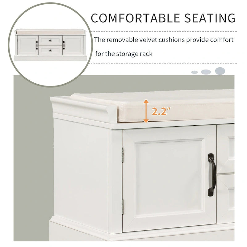 Entryway Storage Bench with 2 Drawers, 2 Cabinet Doors, and Removable Velvet Cushion - 42.5W x 15.9D x 17.5H