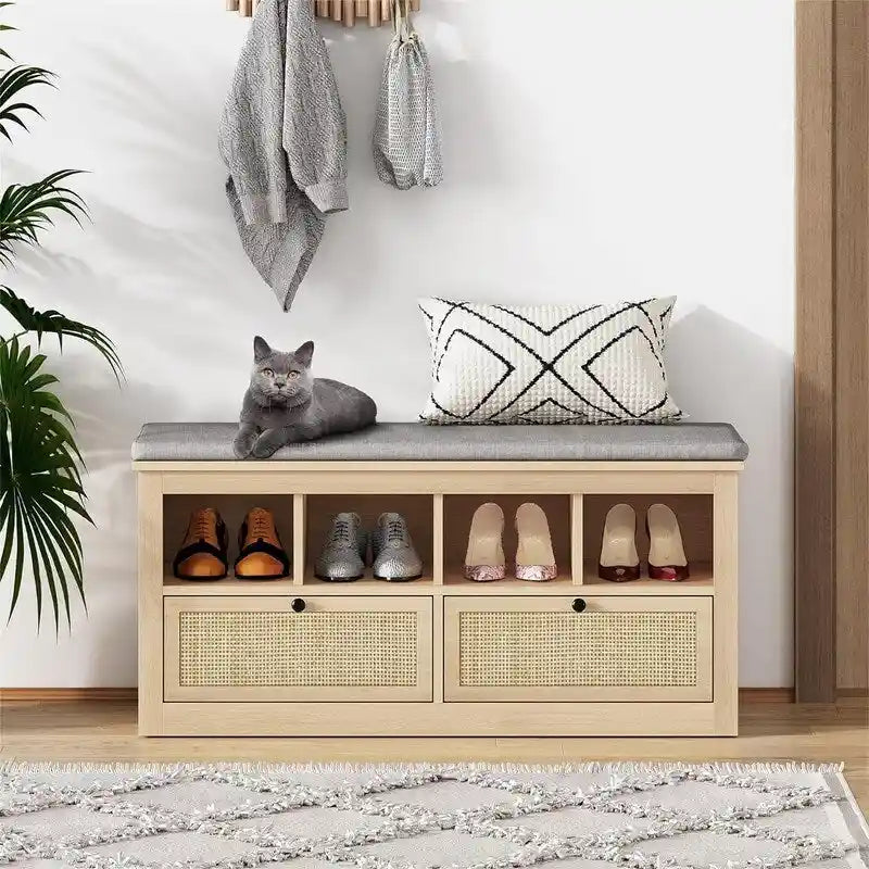 Natural Rattan Shoe Storage Bench - Handwoven Entryway Bench with Shelf