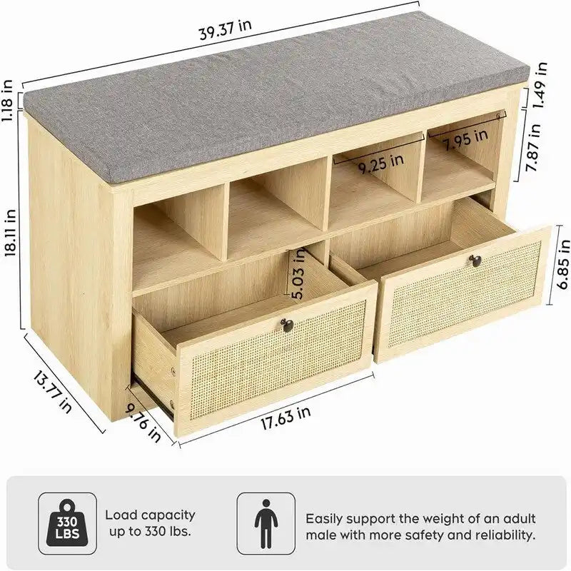 Natural Rattan Shoe Storage Bench - Handwoven Entryway Bench with Shelf