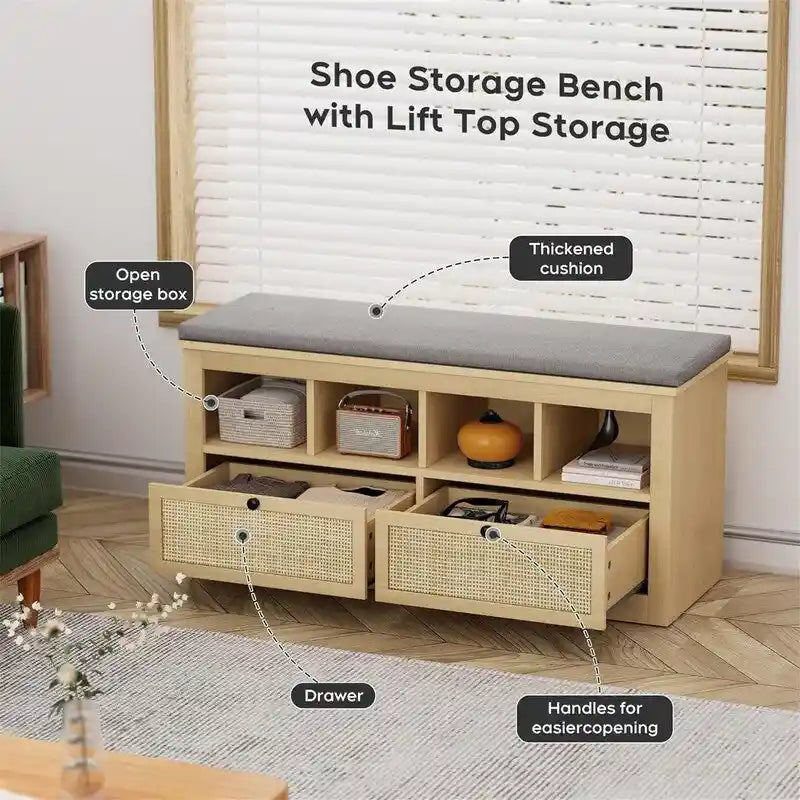 Natural Rattan Shoe Storage Bench - Handwoven Entryway Bench with Shelf