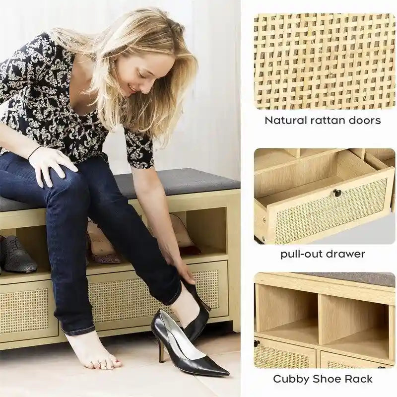 Natural Rattan Shoe Storage Bench - Handwoven Entryway Bench with Shelf