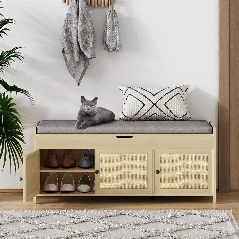 Natural Rattan Shoe Storage Bench - Handwoven Entryway Bench with Shelf