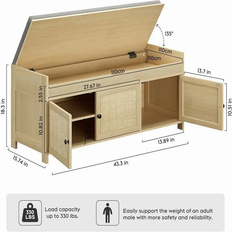 Natural Rattan Shoe Storage Bench - Handwoven Entryway Bench with Shelf