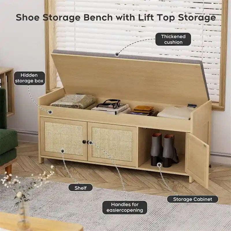 Natural Rattan Shoe Storage Bench - Handwoven Entryway Bench with Shelf