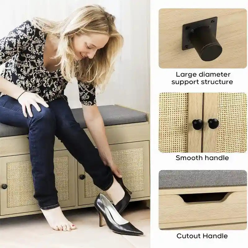 Natural Rattan Shoe Storage Bench - Handwoven Entryway Bench with Shelf