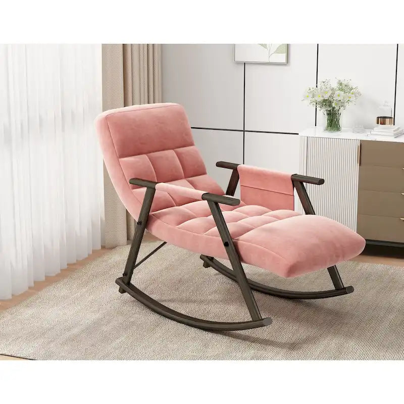 Folding Rocking Chair with Adjustable High Back, Footrest and Side Pockets