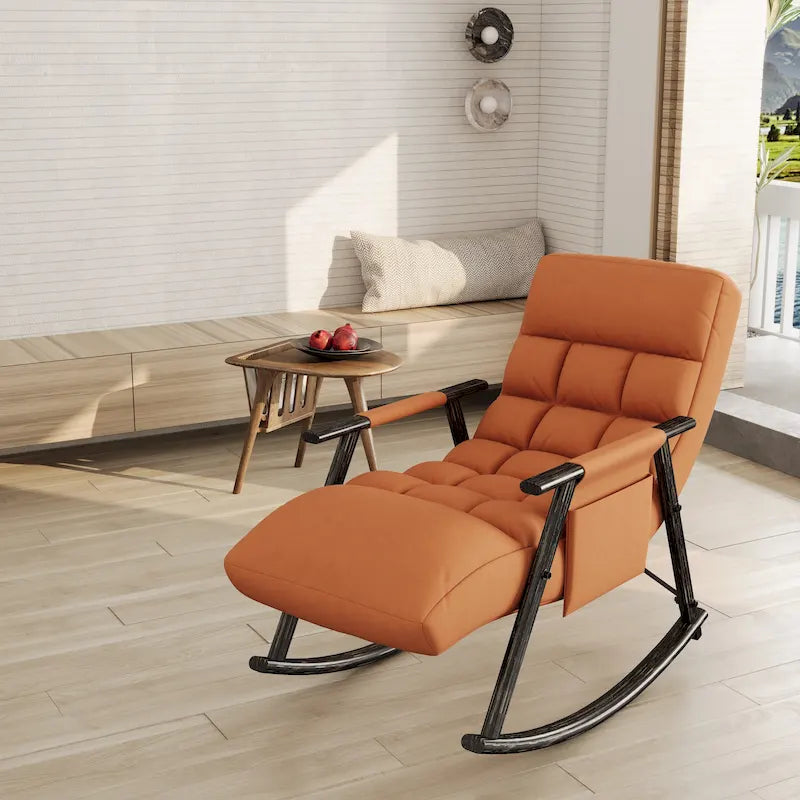 Folding Rocking Chair with Adjustable High Back, Footrest and Side Pockets