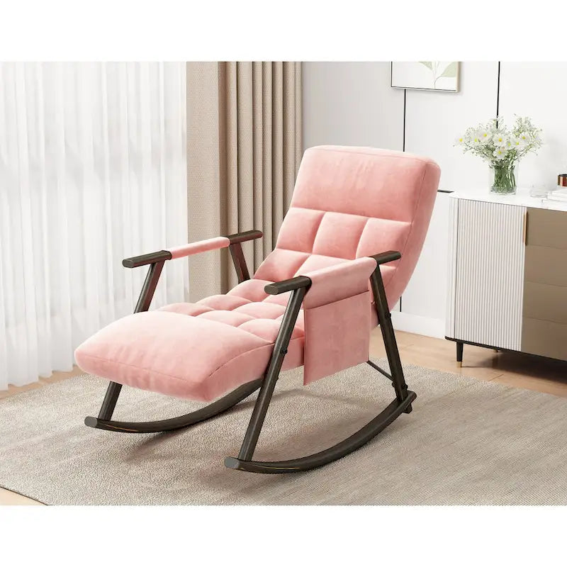 Folding Rocking Chair with Adjustable High Back, Footrest and Side Pockets