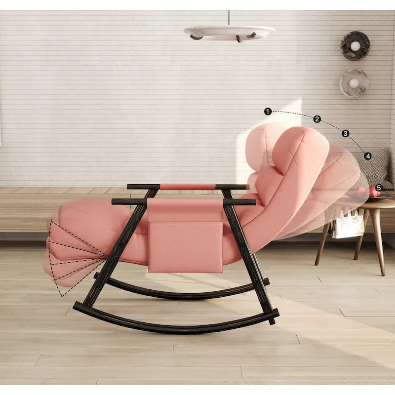 Folding Rocking Chair with Adjustable High Back, Footrest and Side Pockets
