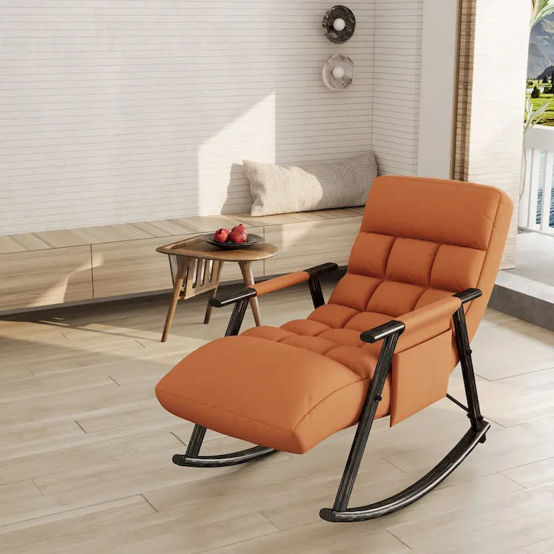 Folding Rocking Chair with Adjustable High Back, Footrest and Side Pockets