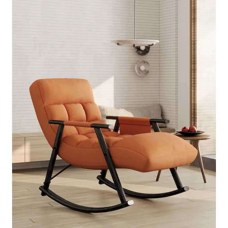 Folding Rocking Chair with Adjustable High Back, Footrest and Side Pockets