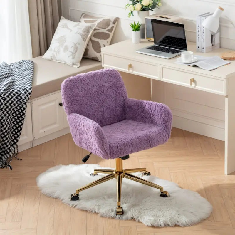Faux Rabbit Fur Home Office Chair with Golden Metal Base - Adjustable Height and Tilt
