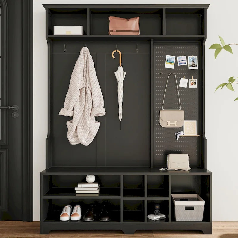 Hall Tree with Shoe Bench, Coat Rack, Storage Shelves and Pegboard - 5 in 1