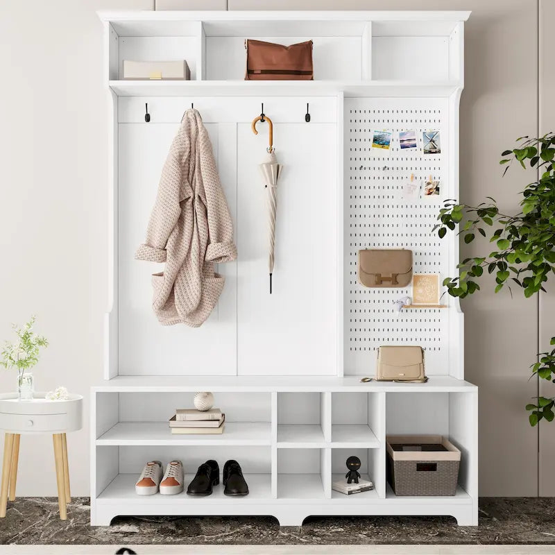 Hall Tree with Shoe Bench, Coat Rack, Storage Shelves and Pegboard - 5 in 1