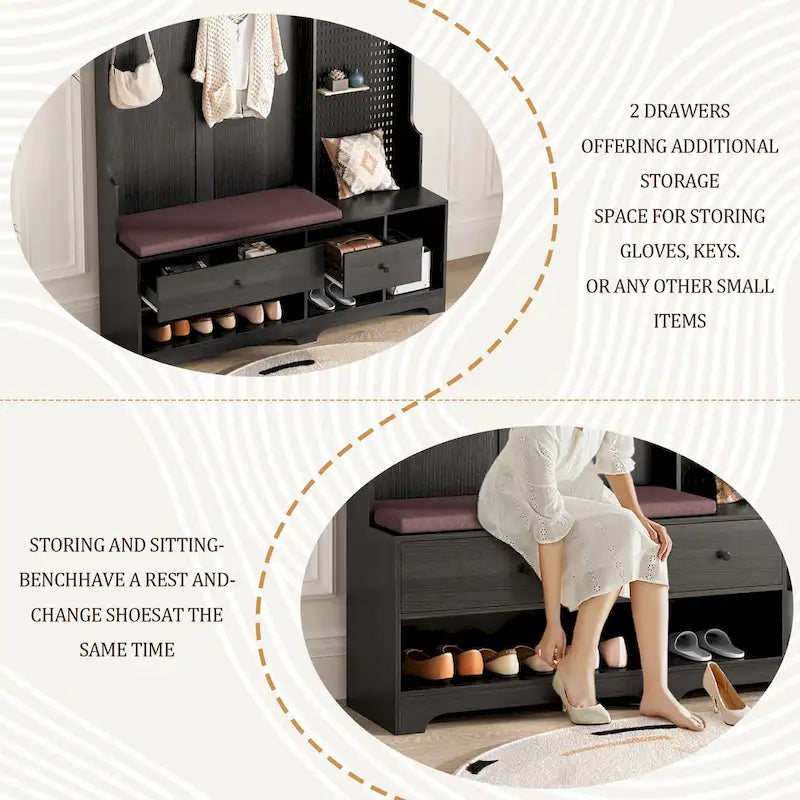 Hall Tree with Shoe Bench, Coat Rack, Storage Shelves and Pegboard - 5 in 1