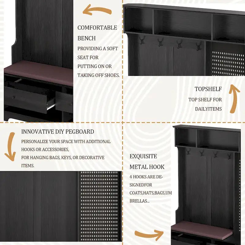 Hall Tree with Shoe Bench, Coat Rack, Storage Shelves and Pegboard - 5 in 1