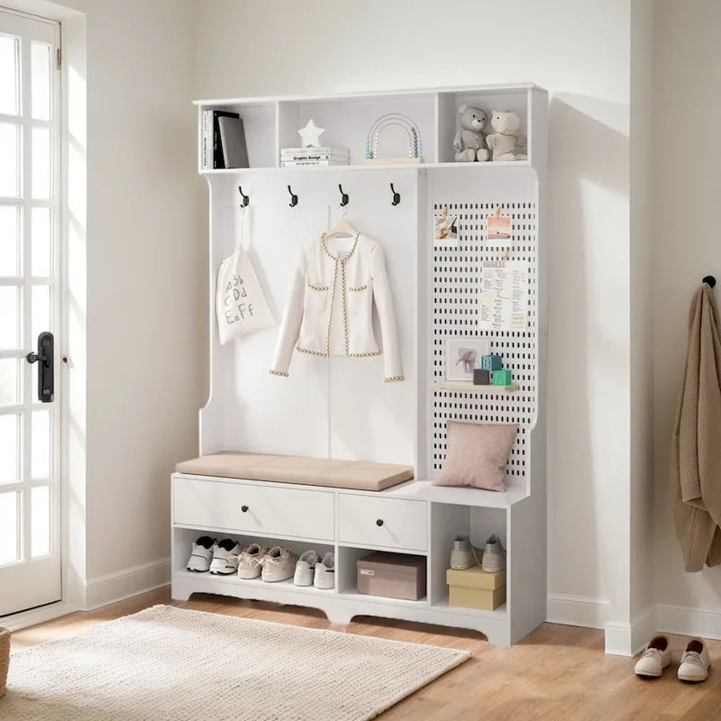 Hall Tree with Shoe Bench, Coat Rack, Storage Shelves and Pegboard - 5 in 1