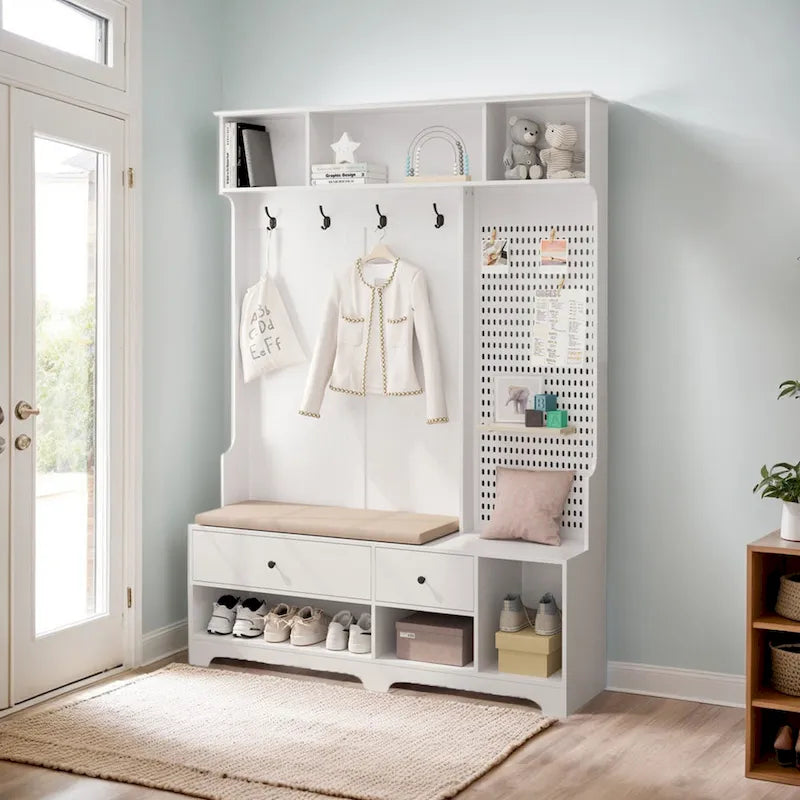 Hall Tree with Shoe Bench, Coat Rack, Storage Shelves and Pegboard - 5 in 1