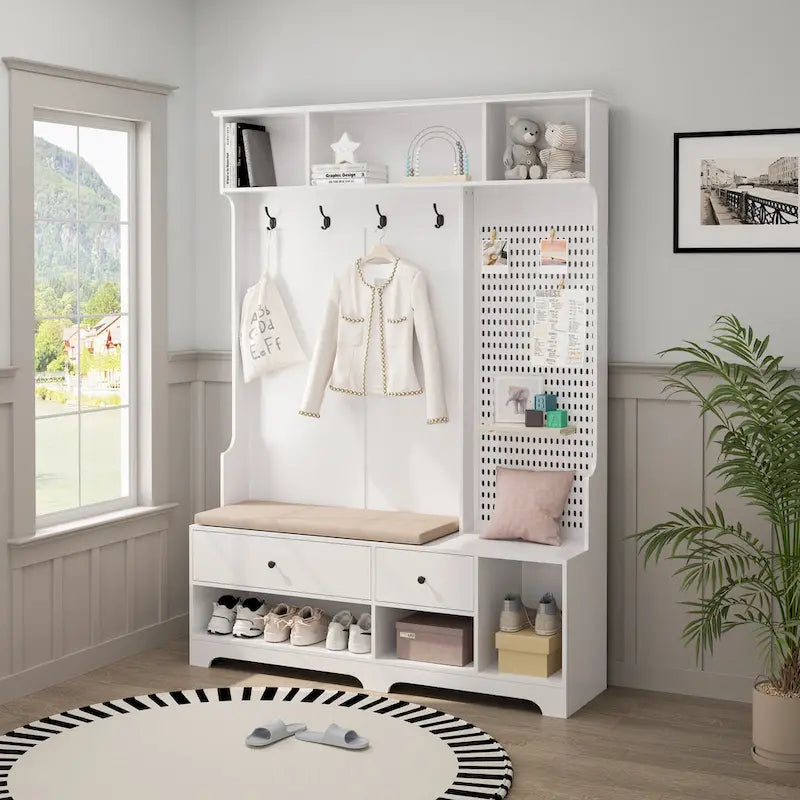 Hall Tree with Shoe Bench, Coat Rack, Storage Shelves and Pegboard - 5 in 1