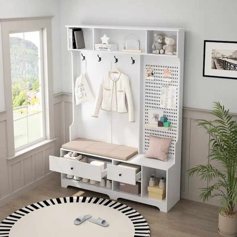 Hall Tree with Shoe Bench, Coat Rack, Storage Shelves and Pegboard - 5 in 1