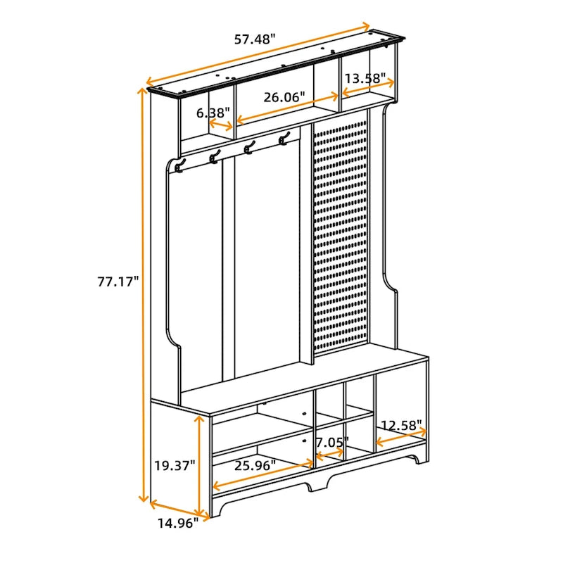 Hall Tree with Shoe Bench, Coat Rack, Storage Shelves and Pegboard - 5 in 1