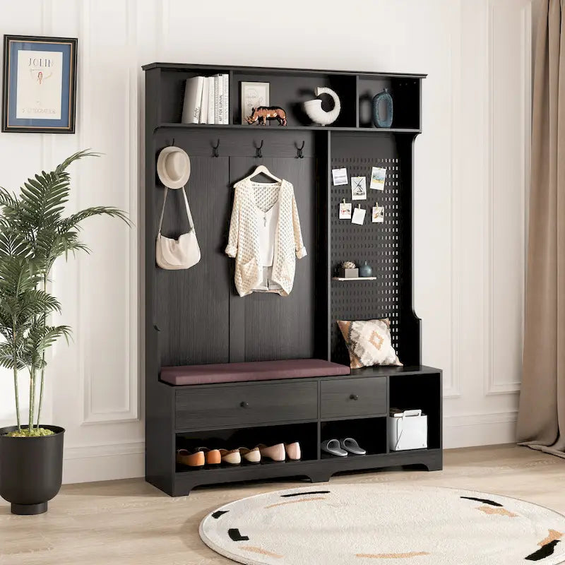 Hall Tree with Shoe Bench, Coat Rack, Storage Shelves and Pegboard - 5 in 1