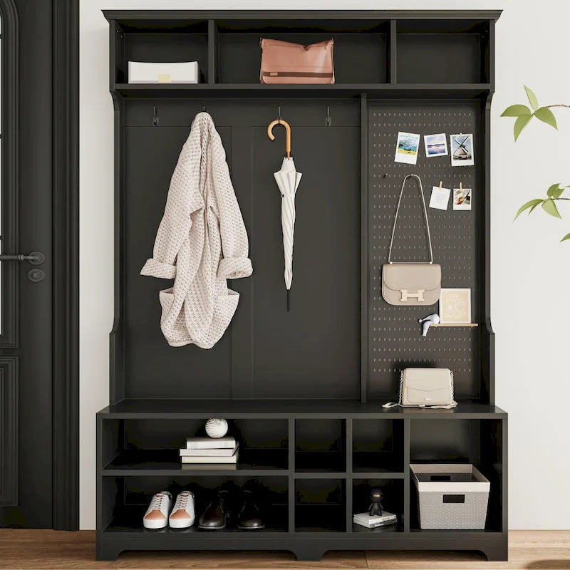 Hall Tree with Shoe Bench, Coat Rack, Storage Shelves and Pegboard - 5 in 1
