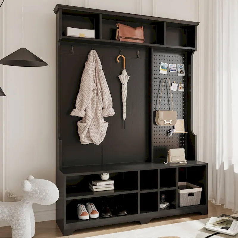 Hall Tree with Shoe Bench, Coat Rack, Storage Shelves and Pegboard - 5 in 1