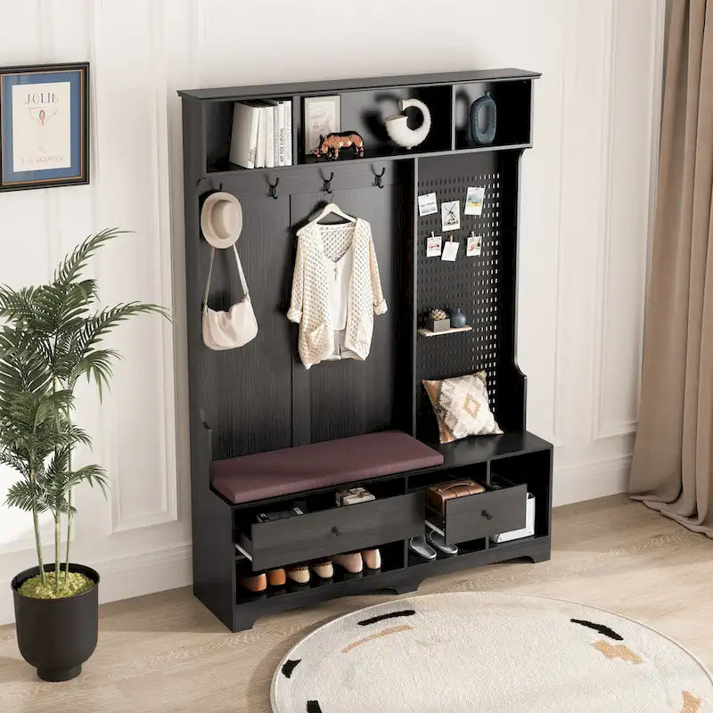 Hall Tree with Shoe Bench, Coat Rack, Storage Shelves and Pegboard - 5 in 1