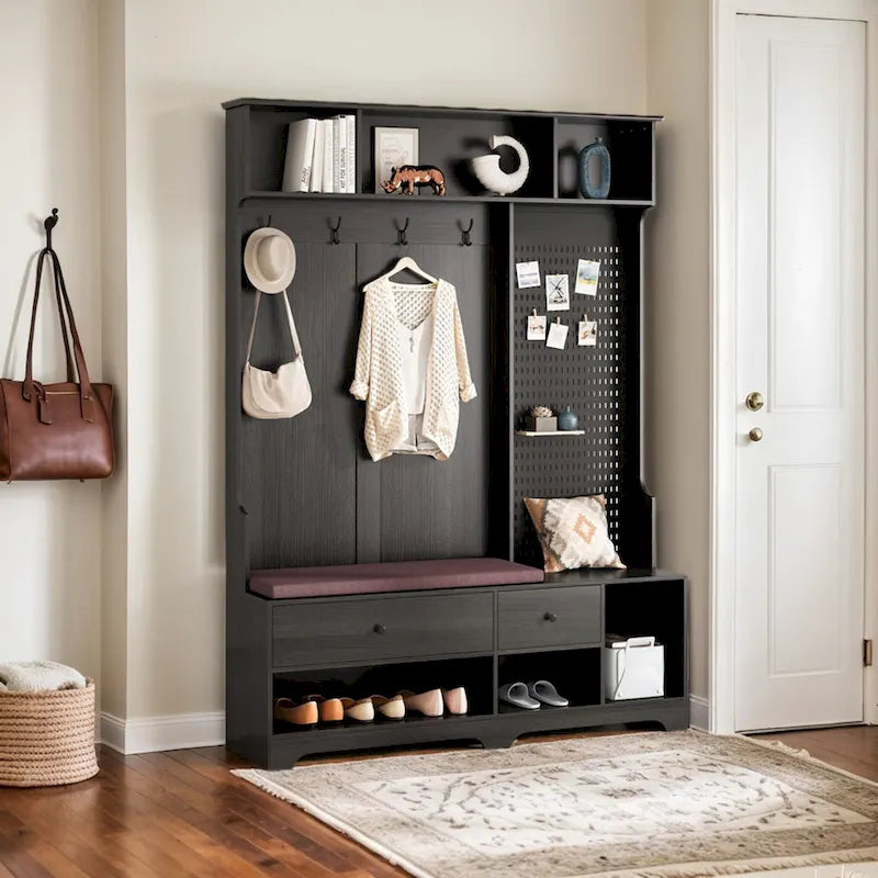 Hall Tree with Shoe Bench, Coat Rack, Storage Shelves and Pegboard - 5 in 1