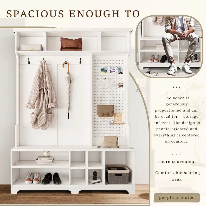 Hall Tree with Shoe Bench, Coat Rack, Storage Shelves and Pegboard - 5 in 1
