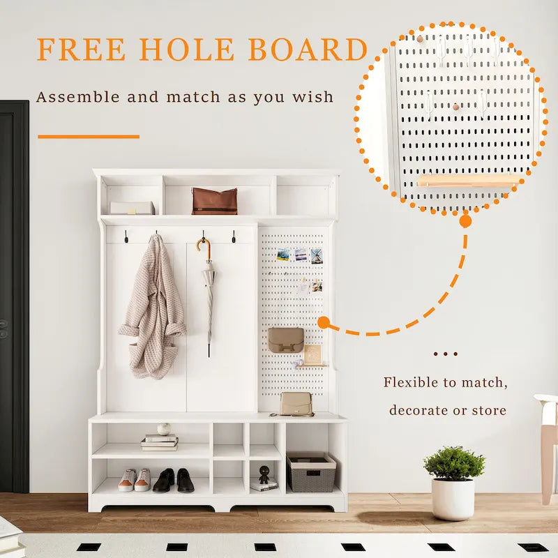 Hall Tree with Shoe Bench, Coat Rack, Storage Shelves and Pegboard - 5 in 1