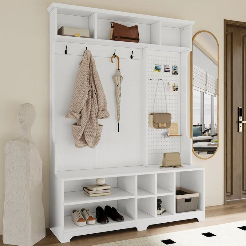 Hall Tree with Shoe Bench, Coat Rack, Storage Shelves and Pegboard - 5 in 1