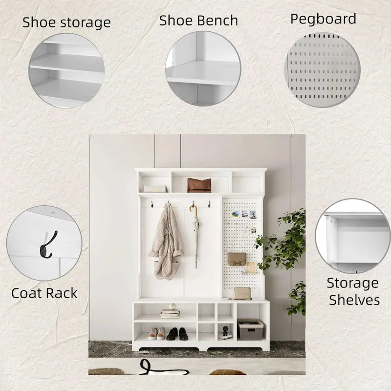 Hall Tree with Shoe Bench, Coat Rack, Storage Shelves and Pegboard - 5 in 1