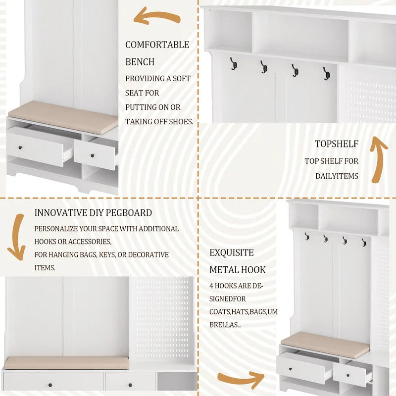 Hall Tree with Shoe Bench, Coat Rack, Storage Shelves and Pegboard - 5 in 1